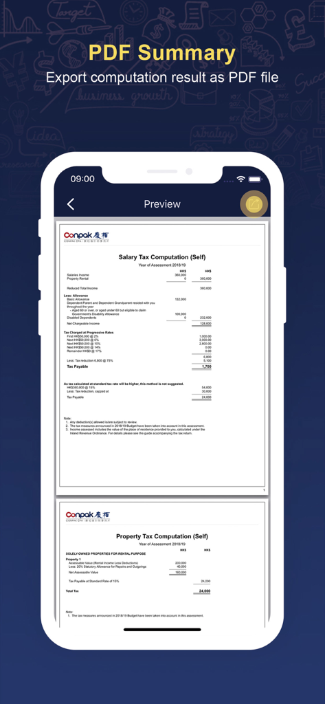 HK Salaries Tax Calculator - Vista previa de un resumen de liquidación de impuestos de Hong Kong listo para exportar a PDF en la aplicación de calculadora