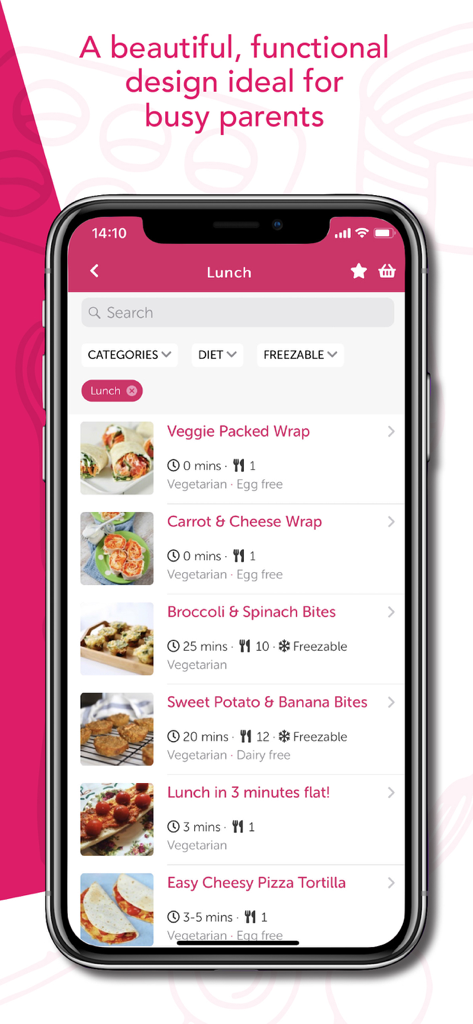 Une liste de recettes saines pour le déjeuner en diversification menée par l'enfant avec des filtres alimentaires dans l'application mobile