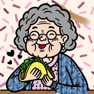 old lady eating tacos