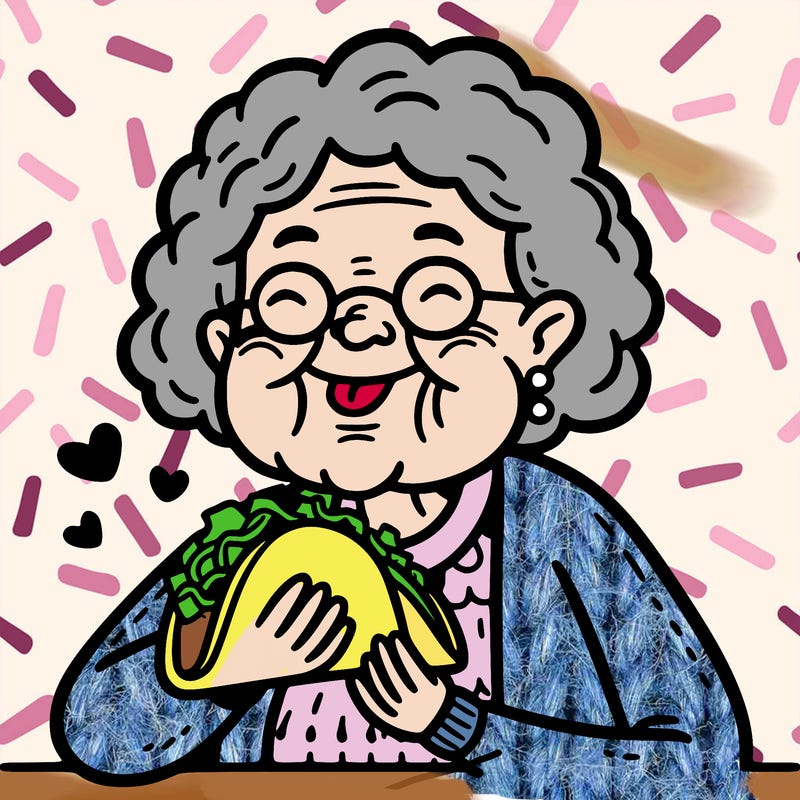 old lady eating tacos