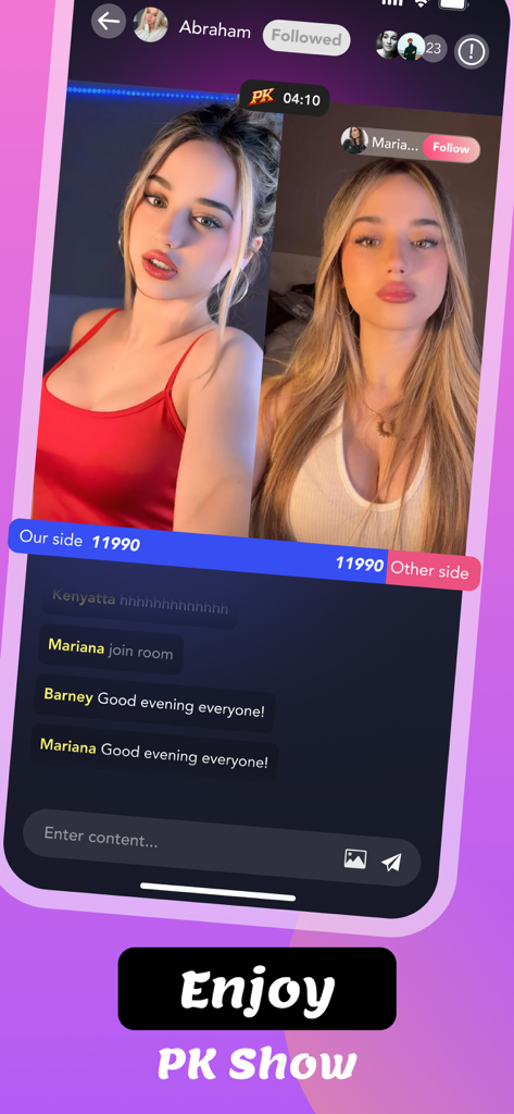 Teyo: Video Chat & Fun Talk - Teyoアプリのインターフェース。2人のクリエイター間のスプリットスクリーンライブビデオPKバトルを表示。