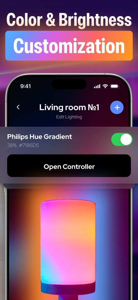 LED Light Controller・Remote - Interface of the LED Light Controller app showing color and brightness customization for a Philips Hue Gradient lamp in a living room.