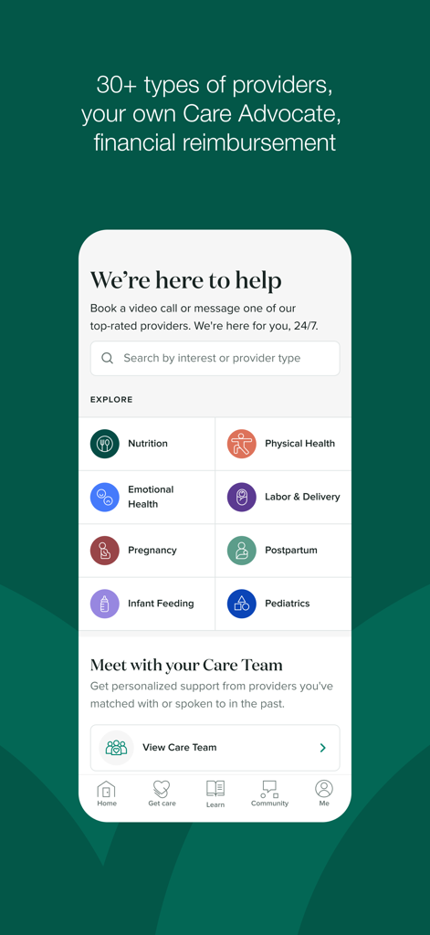 Maven Clinic app interface showing healthcare categories like nutrition, pregnancy, and pediatrics with options to message specialists.