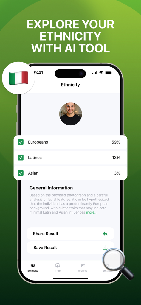 Smartphone screen showing ethnicity analysis results by percentage using an AI tool in the ancestry app