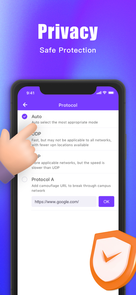 Tela de um aplicativo móvel mostrando opções de protocolo VPN como Auto e UDP para proteção de privacidade segura
