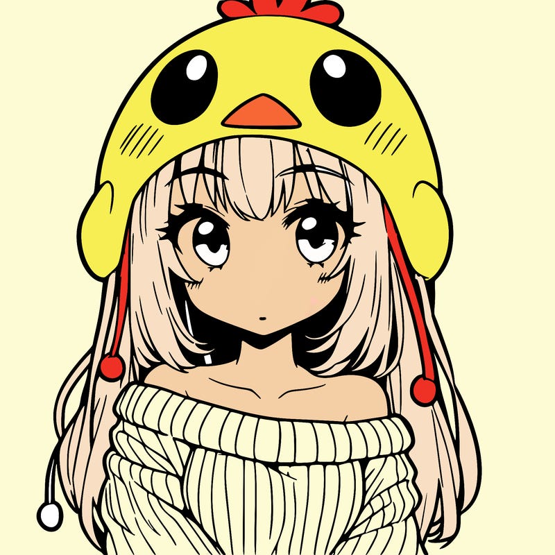 anime girl with chick shaped hat with sweater with bare shoulders with bangs covering them one eye with low tail