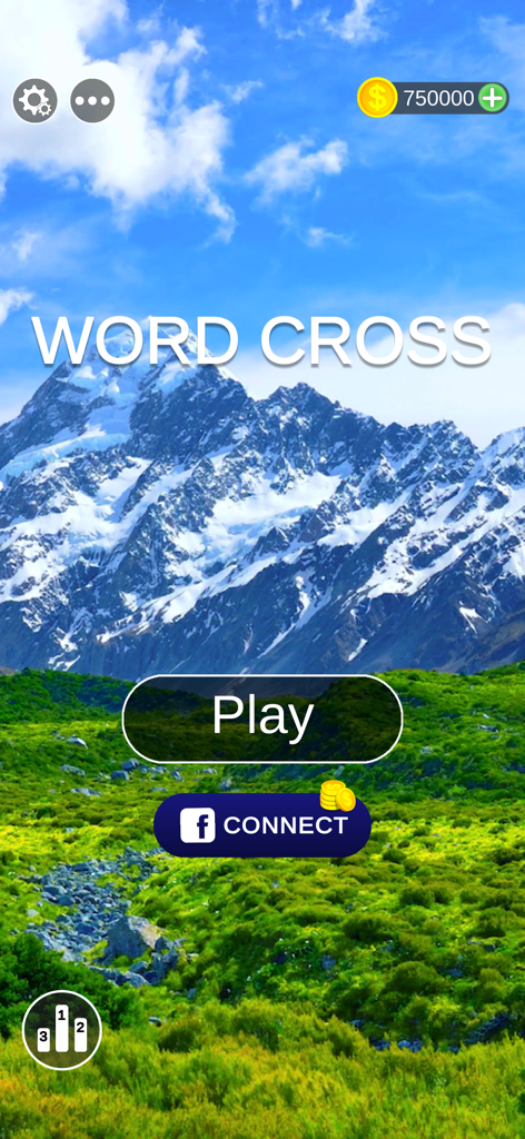 Pantalla del menú principal del juego Word Cross con un botón de reproducción y un fondo escénico de paisaje de montaña