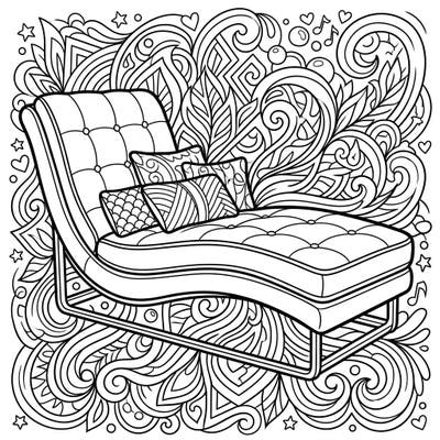Dive into a world of creativity with this trendy chaise lounge coloring page, perfect for teens. Featuring a stylish upholstered sofa adorned with decorative pillows, surrounded by an engaging tapestry of abstract patterns.