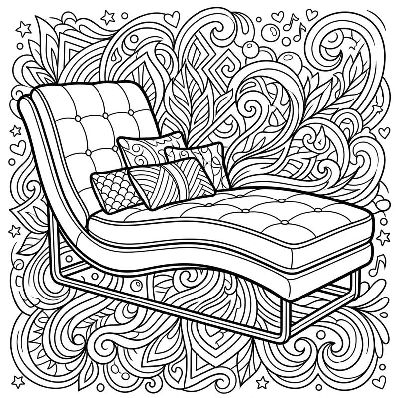 Dive into a world of creativity with this trendy chaise lounge coloring page, perfect for teens. Featuring a stylish upholstered sofa adorned with decorative pillows, surrounded by an engaging tapestry of abstract patterns.