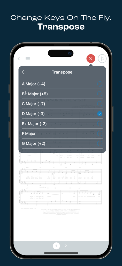 Musicnotes: Sheet Music Reader - Interface of the Musicnotes app on an iPhone showing the transpose menu to change keys of a musical score