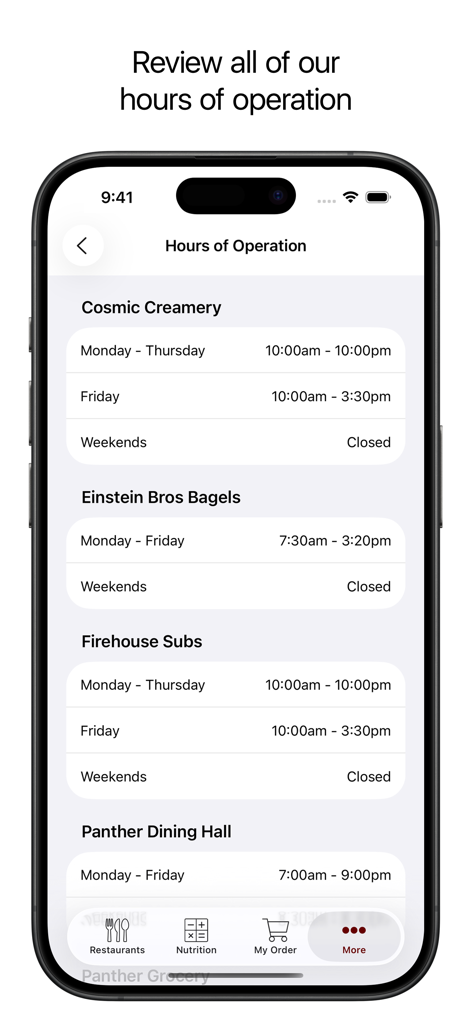 Florida Tech Campus Dining - Hours of operation for restaurants in the Florida Tech Campus Dining app.