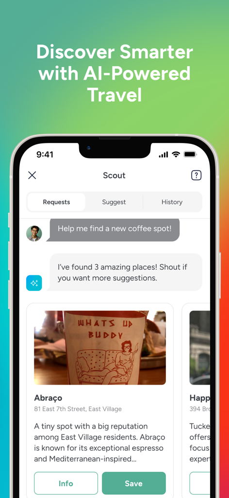 Pin Drop - Places That Matter - Pin Drop app scout feature showing AI powered travel recommendations for coffee spots