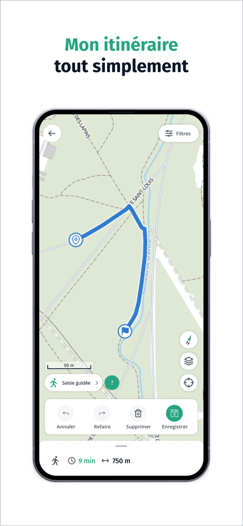 Interface of the Cartes IGN app showing a blue walking route and estimated travel time on a topographic map