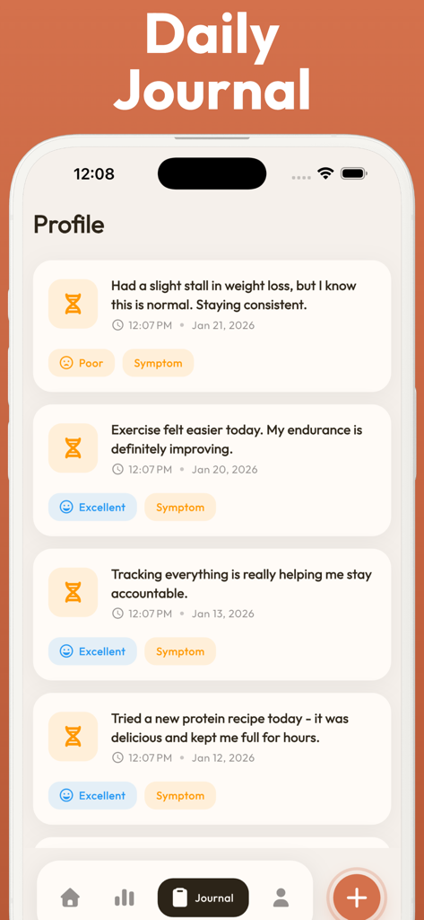 Bariatric Food Tracker - Bari - Daily Journal screen of the Bari app showing personal notes on weight loss stalls exercise endurance and protein recipes with symptom tags