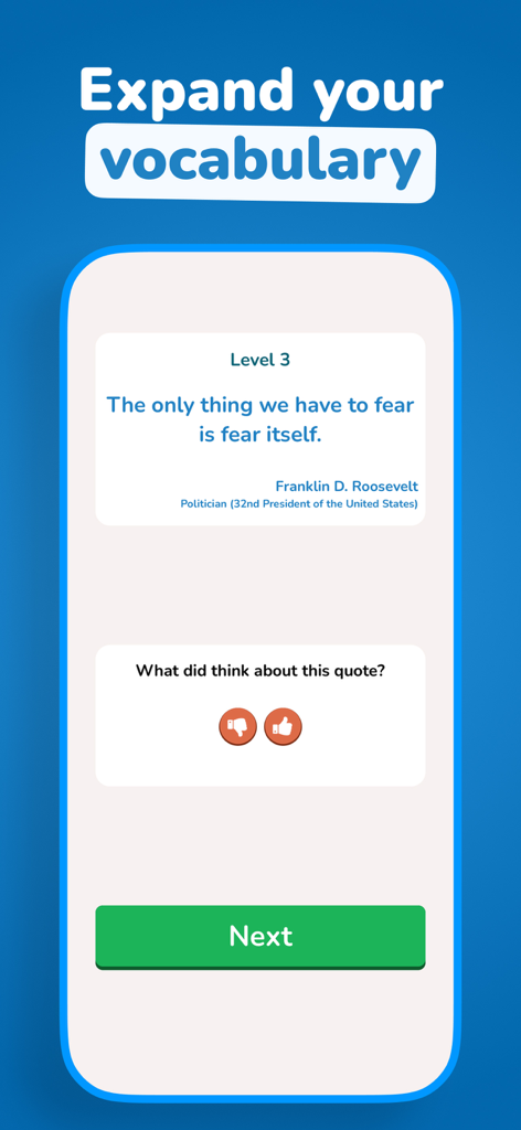 Code Crackle - Cryptogram game - Code Crackle app interface showing a solved cryptogram level with a famous quote from Franklin D Roosevelt.