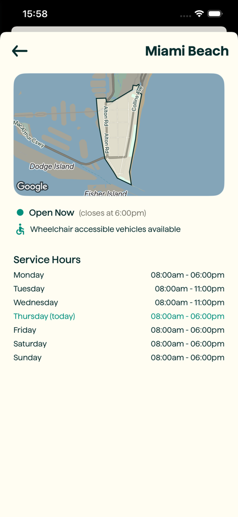 Ride Circuit - Ride Circuit app interface showing Miami Beach shuttle service hours and a coverage map.