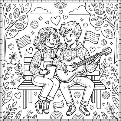Dive into a world of young love and music with this delightful coloring page featuring a teenage couple. This charming scene is perfect for anyone looking to add their personal touch to a heartwarming moment.
