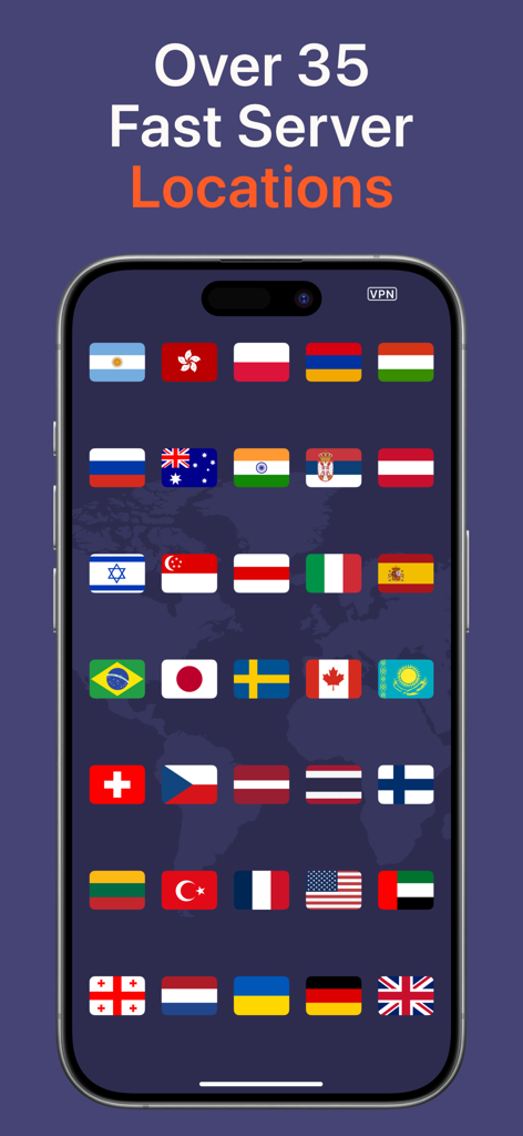 Red Shield VPN - Smartphone screen displaying Red Shield VPN server locations with a grid of international flags