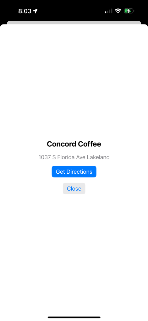 Detail view of a coffee shop in the Coffee Finder app showing the name Concord Coffee and a Get Directions button.