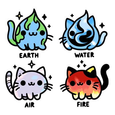 4 cats that represent the different elements, earth, water, air, and fire