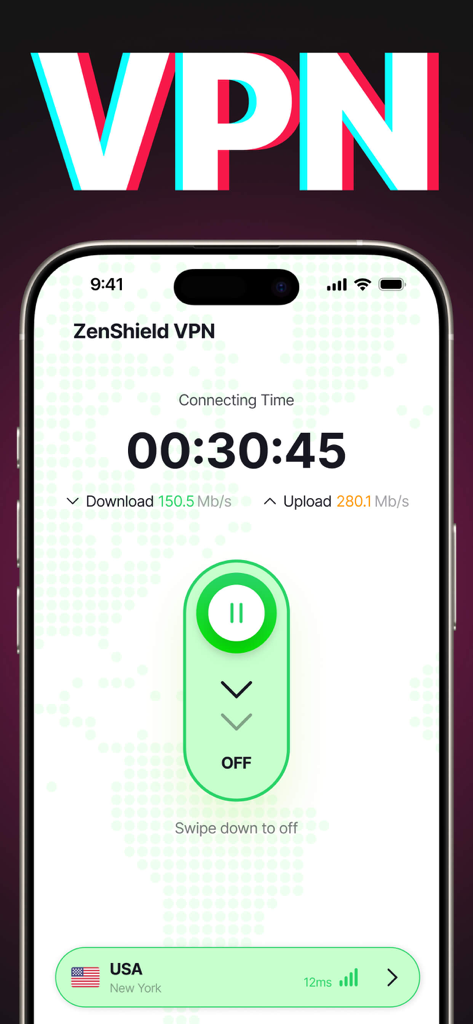 ZenShield VPN app showing fast connection speeds for TikTok users