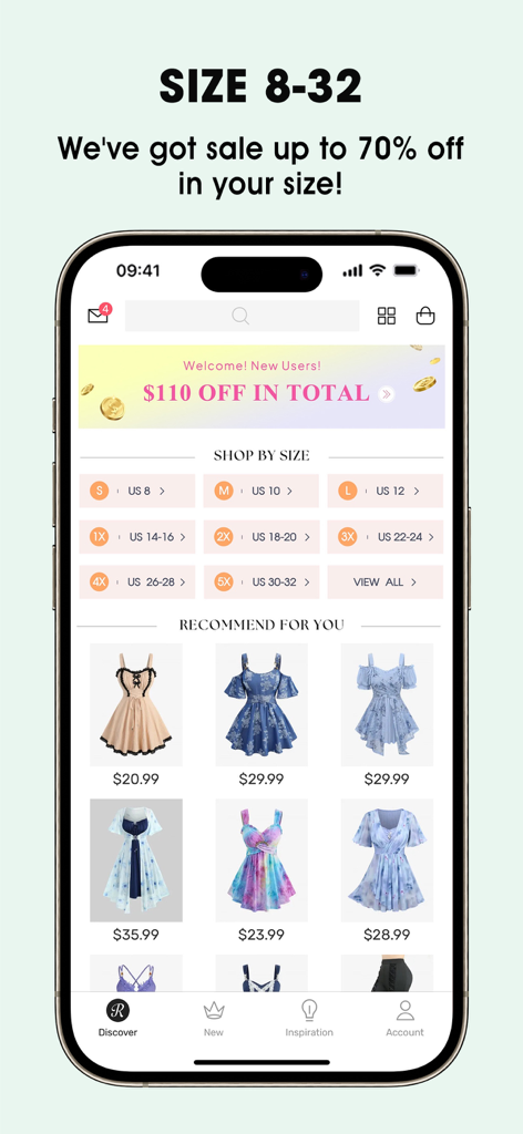 Interfaz de la aplicación móvil RoseGal que muestra opciones de ropa de tallas grandes y vestidos de estilo vintage para tallas de la 8 a la 32