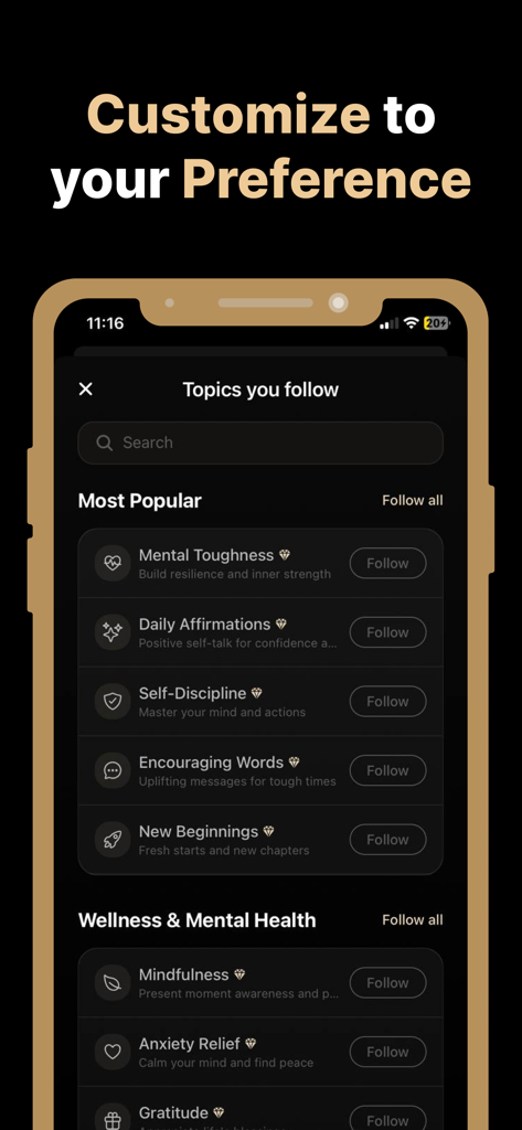 Mentality - Daily quotes - Screenshot of the Mentality app showing various quote topics to follow like mindfulness and daily affirmations