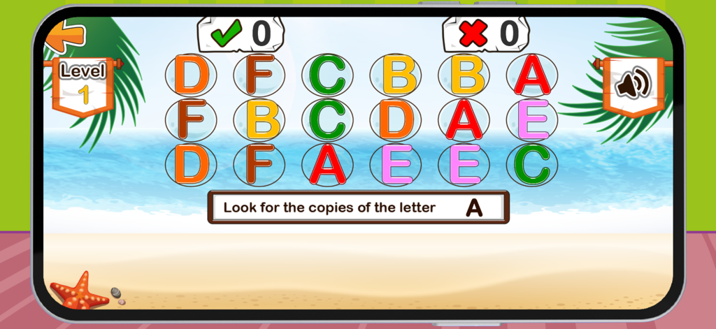 Una pantalla de juego educativo para que los niños encuentren y emparejen la letra inglesa A en un fondo de playa tropical