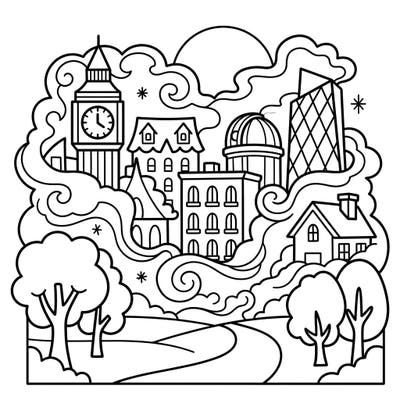 Introduce your toddler to the magic of cityscapes with this delightful foggy city coloring page. Its thick lines and simple shapes are perfect for developing fine motor skills and sparking early creativity.