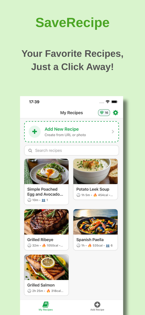 Save-Recipe: Online Cookbook - Screenshot der Save-Recipe-App, der eine Sammlung gespeicherter Rezepte zeigt, darunter gegrilltes Ribeye und spanische Paella.