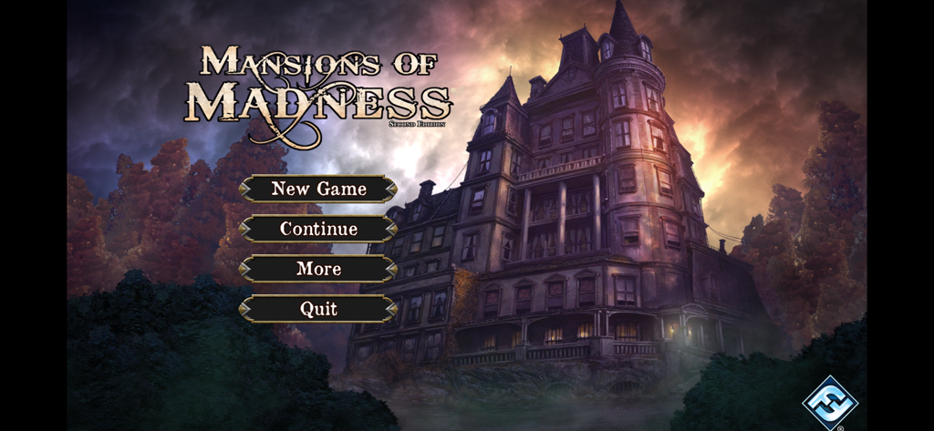 Mansions of Madness - La pantalla de inicio de la aplicación complementaria de Las Mansiones de la Locura, que muestra una espeluznante mansión victoriana y las opciones del menú principal.