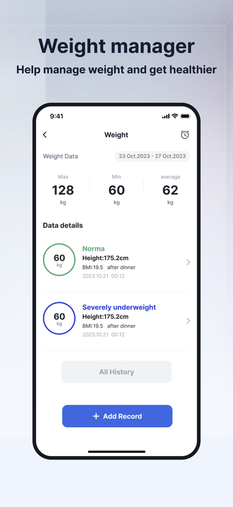 BMIデータを含む、最小、最大、平均体重ログを表示する体重管理者のインターフェイス