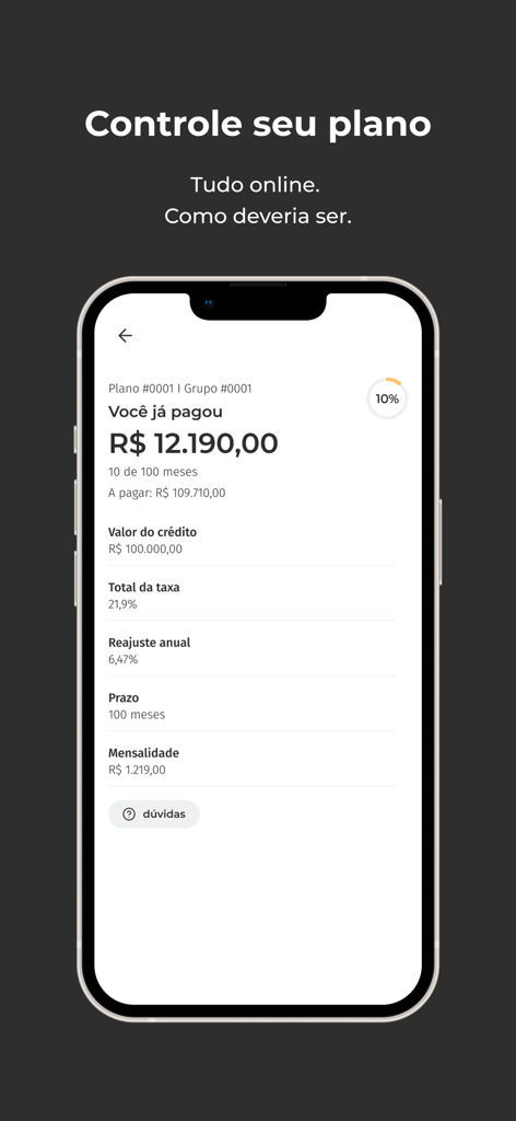 Klubi - Smartphone screen showing the Klubi app interface for managing a financial consortium plan