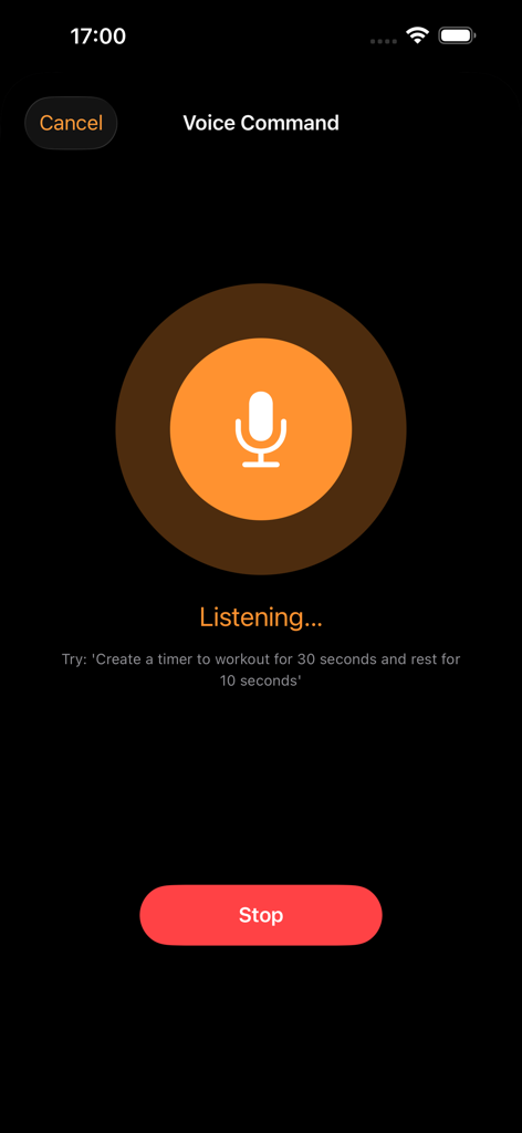 Voice interval timer - Voice interval timer app screen showing the voice command interface with a large microphone icon and listening status for hands free workout setup