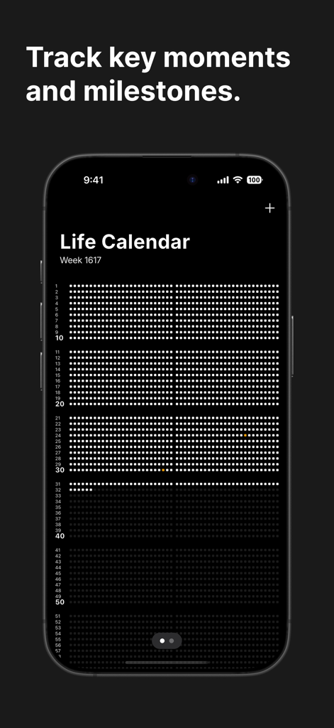 Life Calendar: Visual Timeline - A minimalist visual grid of dots representing life weeks in the Life Calendar app for tracking milestones.