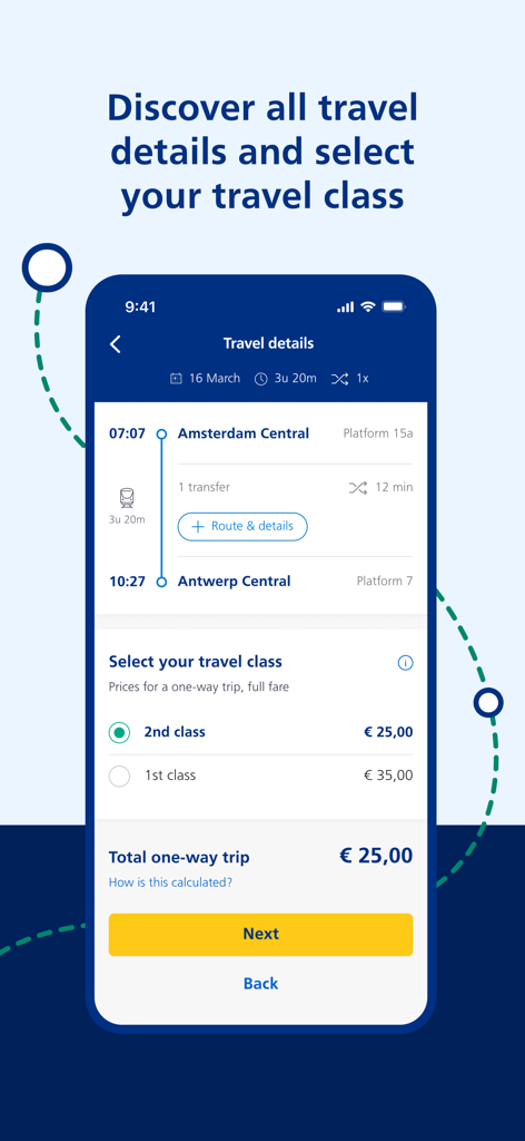 NS International - NS International app interface showing train travel details and class selection for a journey from Amsterdam to Antwerp