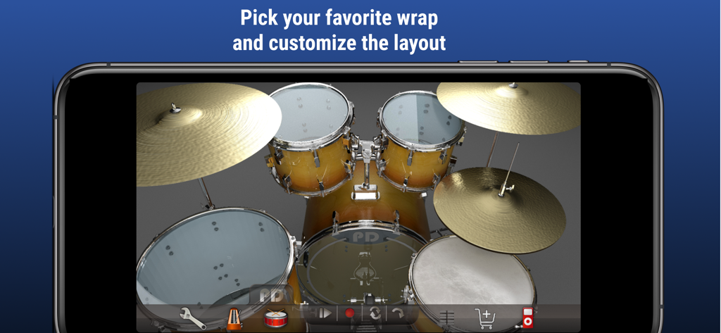 Pocket Drums - Virtual drum kit in the Pocket Drums app with a customizable yellow wood wrap and layout