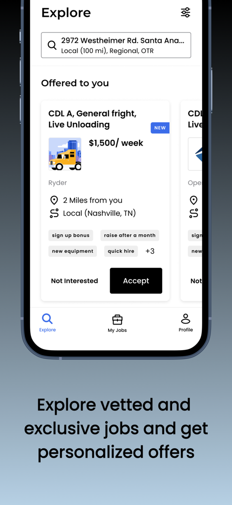 Smartphone screen displaying the TransForce One app with personalized CDL job offers and weekly pay details