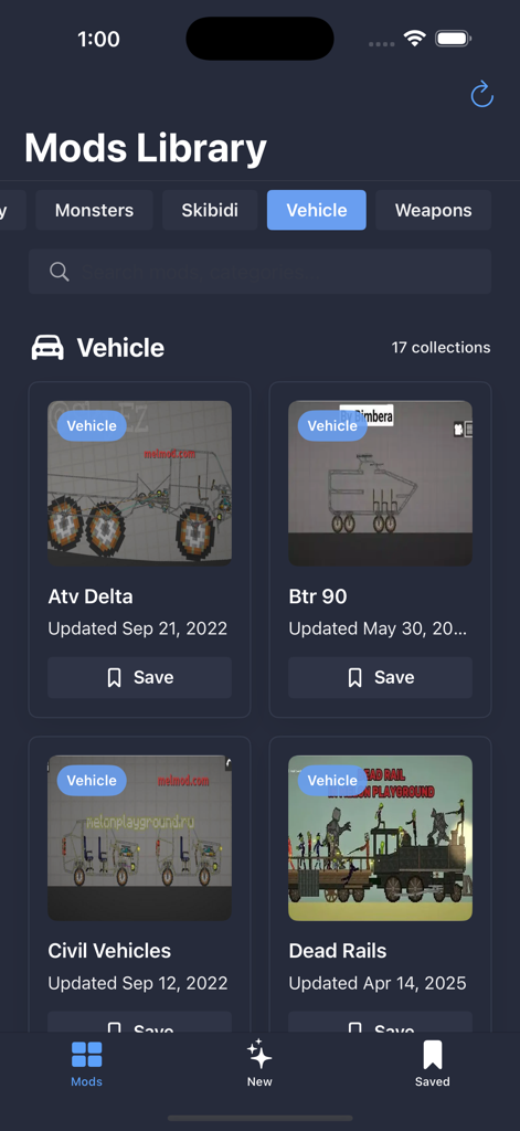 Mods for Melon Playground!! - Screen of Melon Playground mods app showing a collection of vehicle mods like Atv Delta and Btr 90