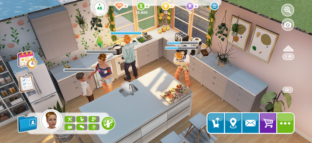 Un grupo de Sims interactuando en una cocina de diseño elegante con barras de tareas
