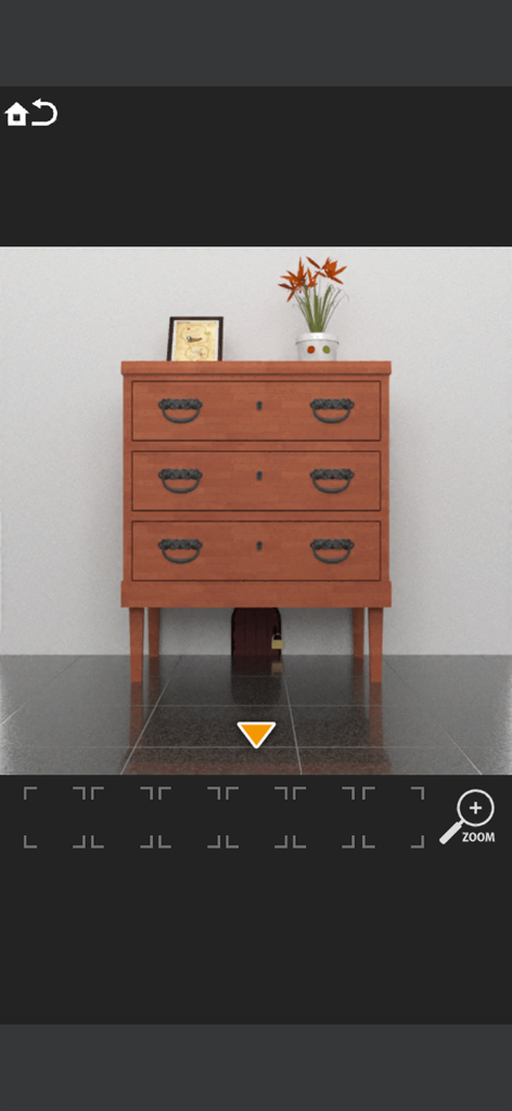 A wooden chest of drawers with three levels and a small locked door underneath in the Room Escape game.