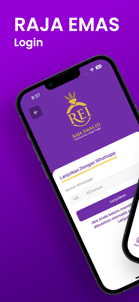 Raja Emas - Login screen of Raja Emas app featuring WhatsApp authentication for gold investors