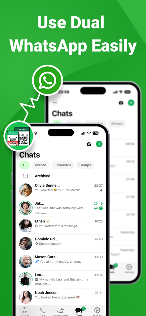 Interface of the WhatsApp clone app showing dual account messaging on two iPhones.