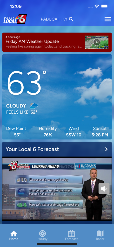 WPSD Local 6 weather app displaying the current temperature in Paducah Kentucky and a local video forecast