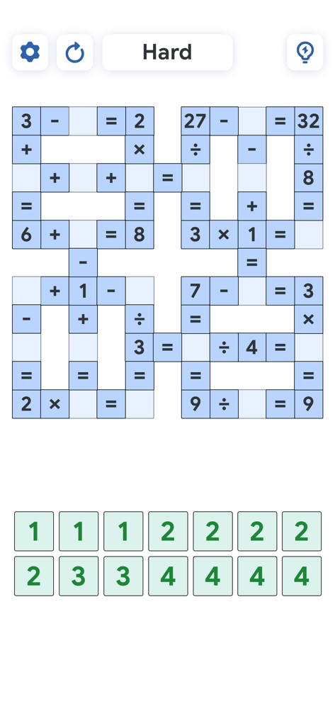 Interfaz de puzzle de crucigrama matemático que muestra ecuaciones y fichas de selección de números en un nivel de dificultad difícil