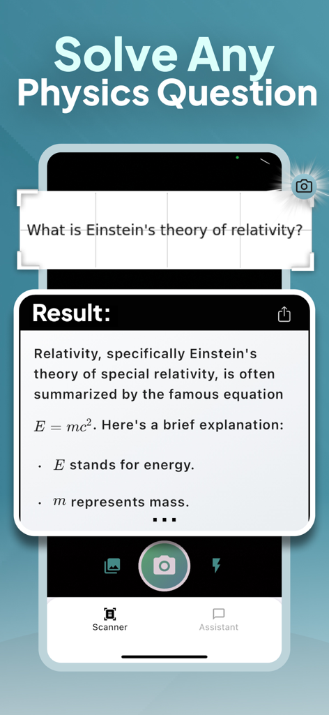 A mobile app interface displaying a scanned physics question and an AI explanation