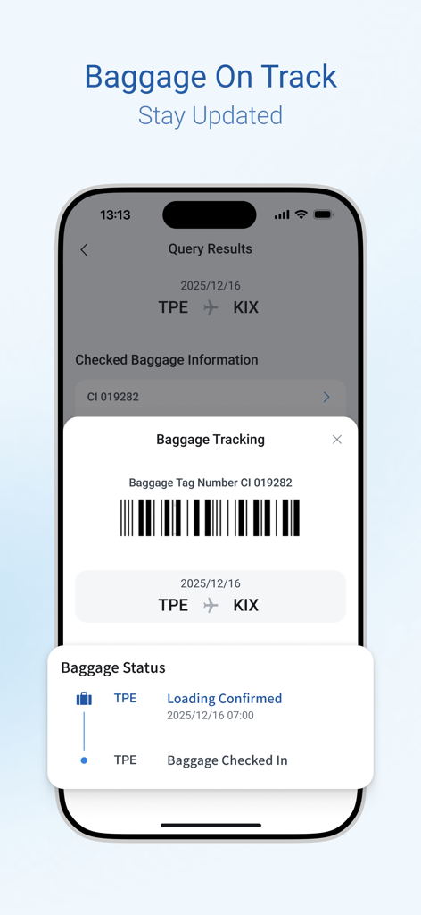 China Airlines App - China Airlines App baggage tracking screen showing real-time baggage status and loading confirmation