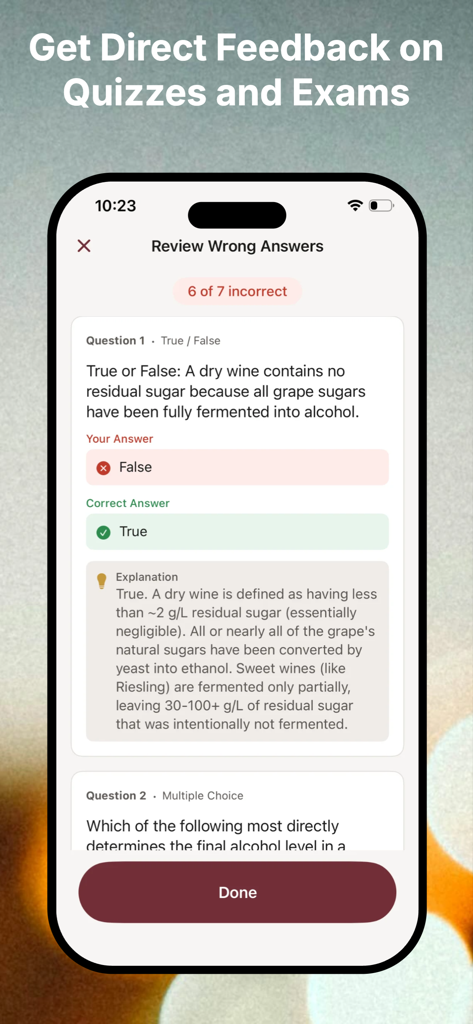 A screenshot of the VinoPrep app showing a review of an incorrect quiz answer with a detailed explanation of wine sugar content.