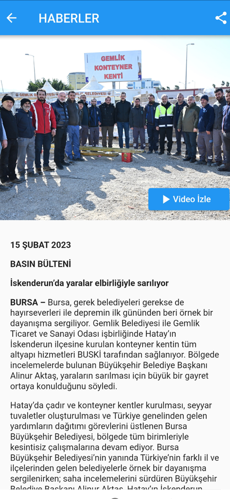 Bursa Büyükşehir Belediyesi - News article in the Bursa Metropolitan Municipality app showing earthquake relief efforts and a container city project