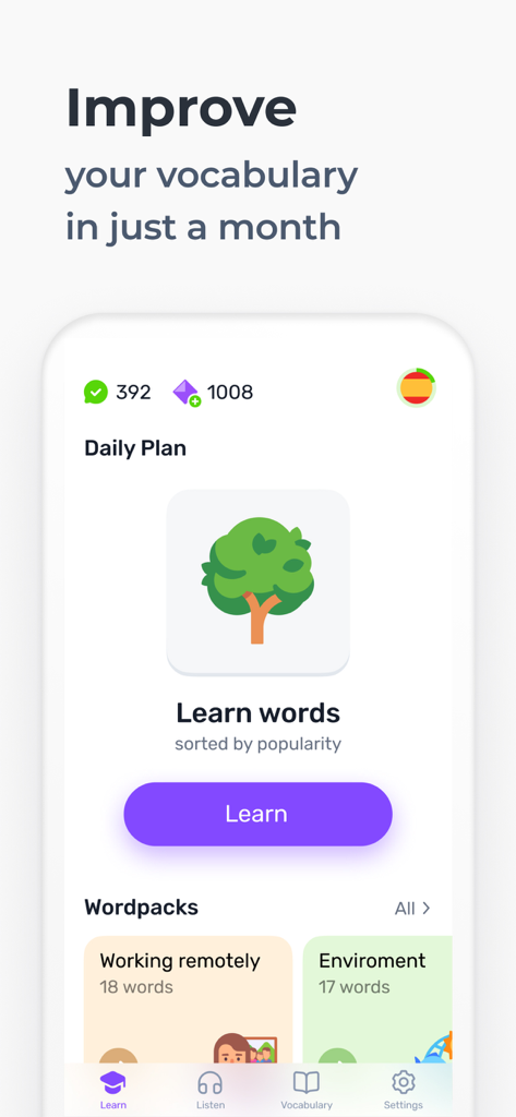 WRD - Learn Words - Pantalla que muestra el plan diario y paquetes de palabras en la aplicación de aprendizaje de idiomas WRD.